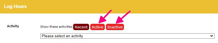 In the MIP Hours screen, select Active or Inactive to access the longer lists of Activities.