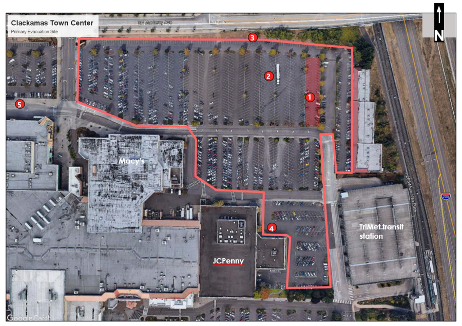 Map of the Clackamas Town Center evacuation site.