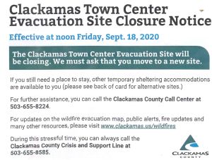 Card handed to evacuees at the Clackamas Town Center before the evacuation center closed.