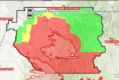 09/12 Clackamas County map with red portions indicating "evacuate NOW" areas.