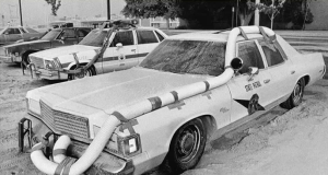 Washington State patrol cars outfitted with makeshift air filters in the aftermath of the 1980 St. Helens eruption.