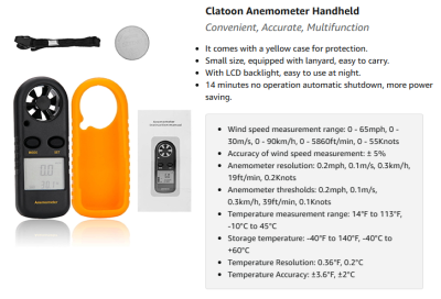 This model of anemomenter is included in the mast bag to help measure wind speed.