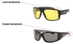 Diagram illustrates where you can usually find eyewear safety ratings on the eyewear.
