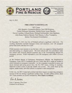 Scan of the Fire Chief's Certificate awarded for NET response during the December 11, 2014 windstorm.