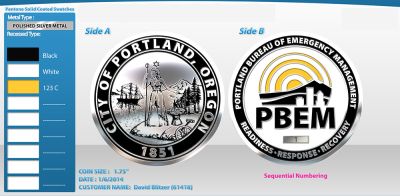 Proof specs of the PBEM Bureau Challenge Coin.