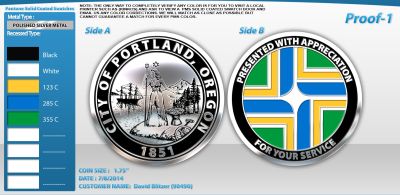 Proof specs of the City of Portland Flag Challenge Coin.