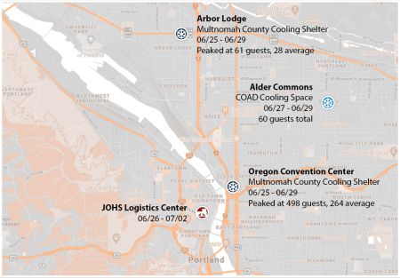 Locations of NET volunteering sites during the June 2021 heatwave.