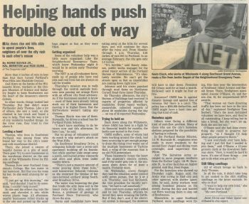 Scan of an Oregonian article from February 9, 1996 featuring NETs conducting door to door public information calls about the flood.