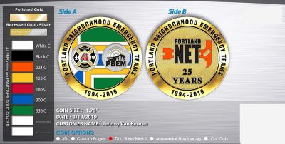 Proof specs of the NET 25th Anniversary Party Challenge Coin.