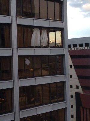 View from Jeremy Van Keuren's office on December 11, 2014 during the windstorm. Metal sheeting broke off the PacWest building and struck the side of the Standard Insurance building.